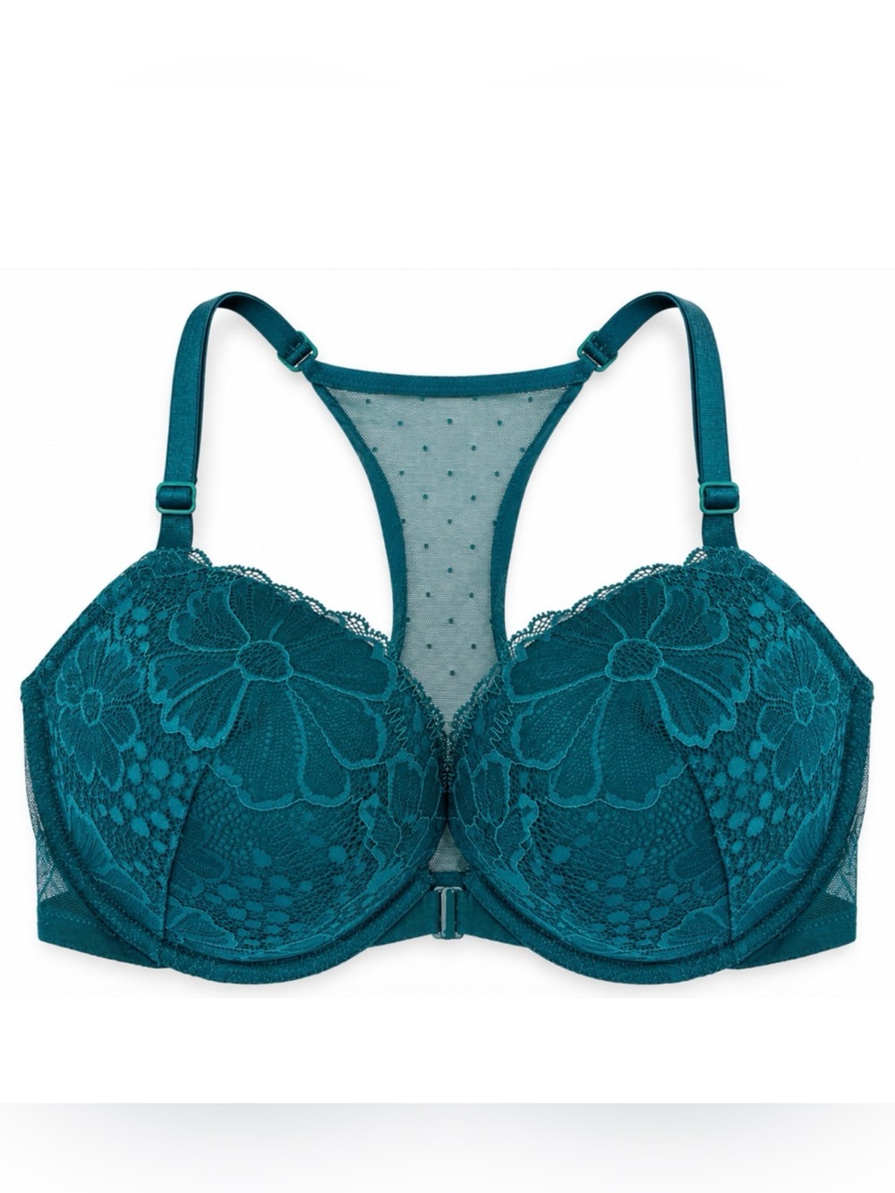 VICTORIA'S SECRET GREEN FLORAL LACE POLKA DOT MESH RACERBACK PUSH UP BRA 36DD
